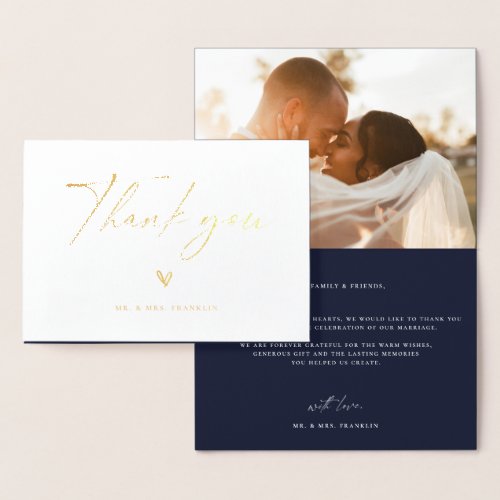 Modern Boho Script Wedding Photo Thank You Foil Card