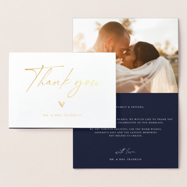 Modern Boho Script Wedding Photo Thank You Foil Card (Display)