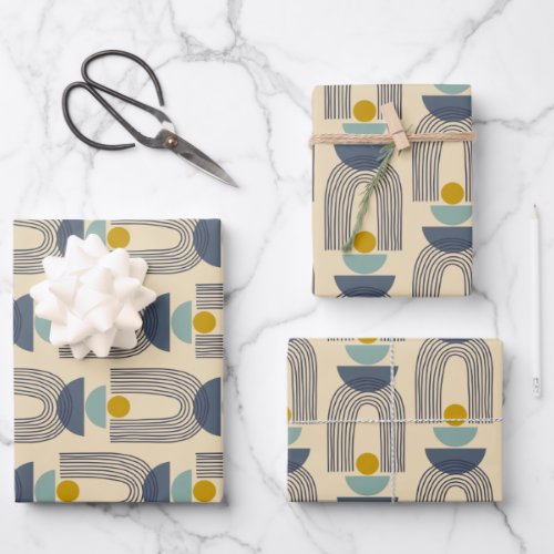 Modern Boho Shapes Lines Arch Pattern in Blue Wrapping Paper Sheets