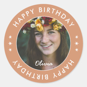 Modern Boho Simple Elegant Happy Birthday Photo Classic Round Sticker