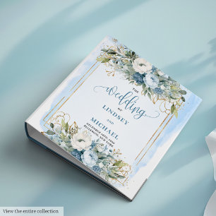 Modern Boho Soft Blue Flowers Gold Glitter Wedding 3 Ring Binder