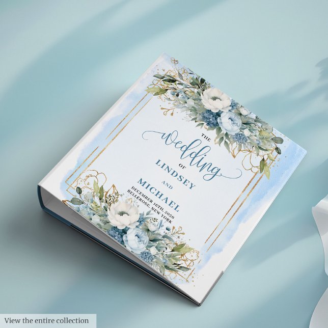 Modern Boho Soft Blue Flowers Gold Glitter Wedding 3 Ring Binder (Modern Blue Flowers Gold Glitter Wedding Ring Binder

)