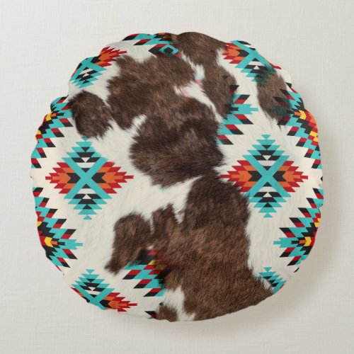 Modern Boho Southwest Cowhide Aztec Pattern Round Pillow