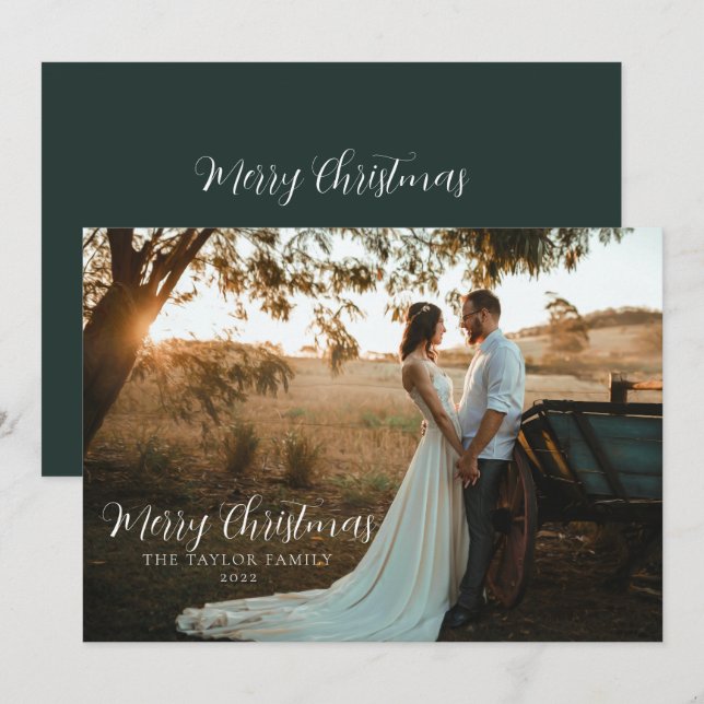 Modern Boho Stylish Green Christmas Couple Photo Holiday Card (Front/Back)