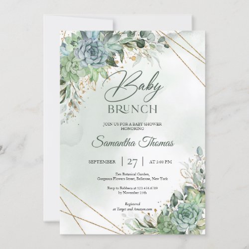 Modern boho succulents eucalyptus gold baby brunch invitation
