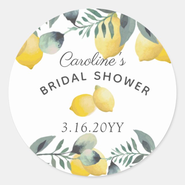 Modern Boho Summer Lemons Greenery Bridal Shower Classic Round Sticker (Front)