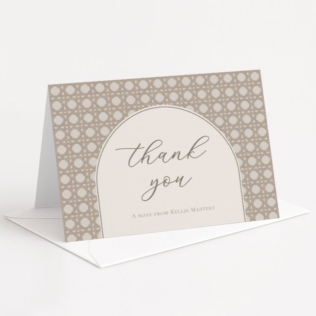 Modern Boho Tan Rattan Cane Bridal Shower Thank You Card (Neutral tones cane weave rattan thank you card with modern arch)