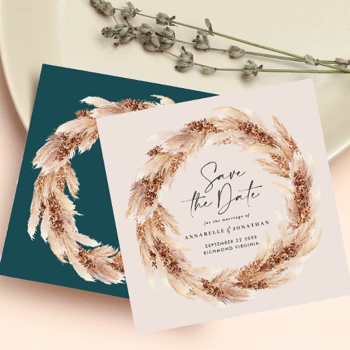 Modern boho teal pampas grass save the date invitation