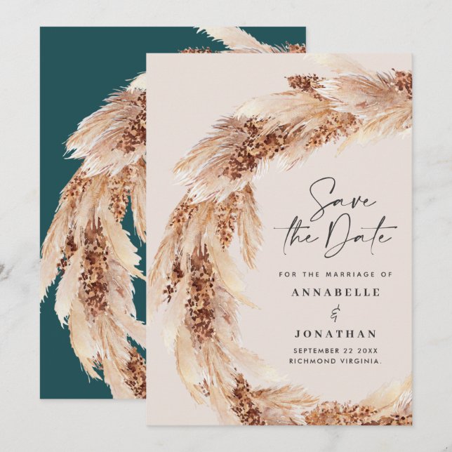 Modern boho teal pampas wedding save the date invitation (Front/Back)