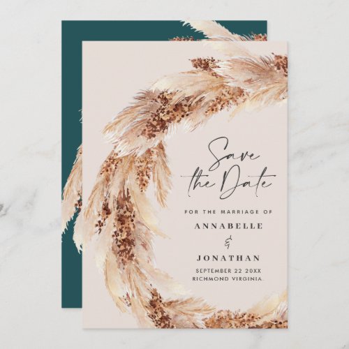 Modern boho teal pampas wedding save the date invitation