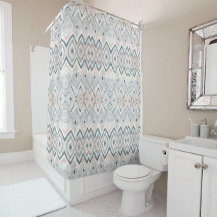 Modern Boho Teal Peach Pale Gray Chevron Pattern Shower Curtain