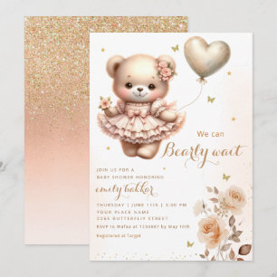 Modern Boho Teddy Bear Balloon Girl Baby Shower  Invitation