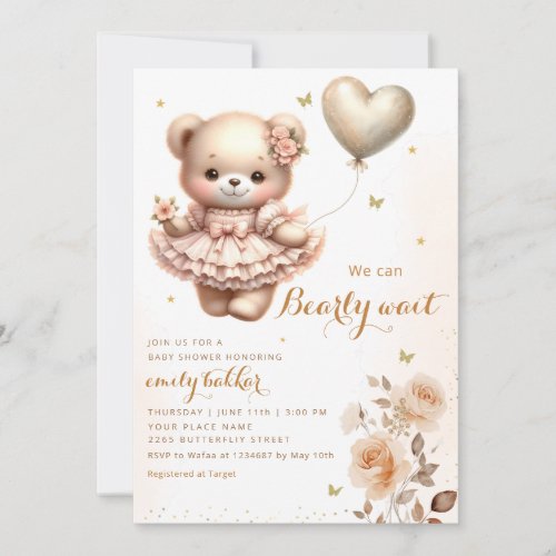 Modern Boho Teddy Bear Balloon Girl Baby Shower  Invitation