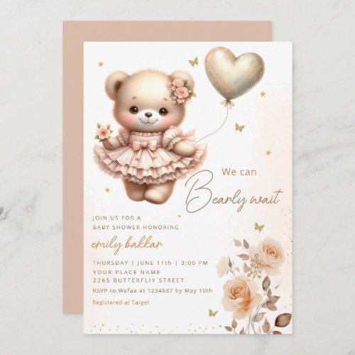 Modern Boho Teddy Bear Balloon Girl Baby Shower  Invitation