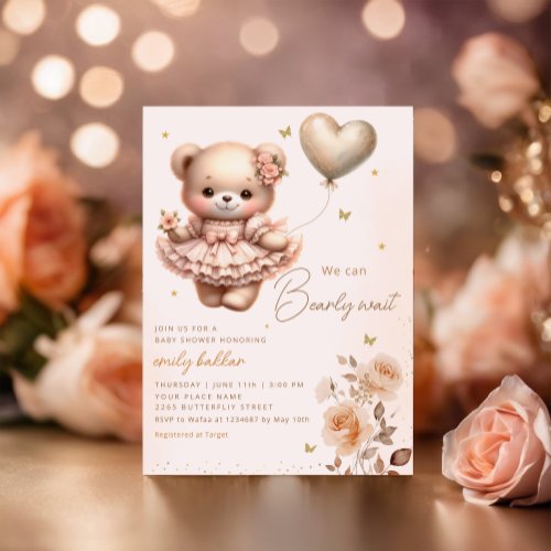 Modern Boho Teddy Bear Balloon Girl Baby Shower  Invitation