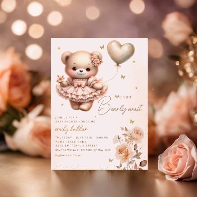 Modern Boho Teddy Bear Balloon Girl Baby Shower  Invitation (Creator Uploaded)