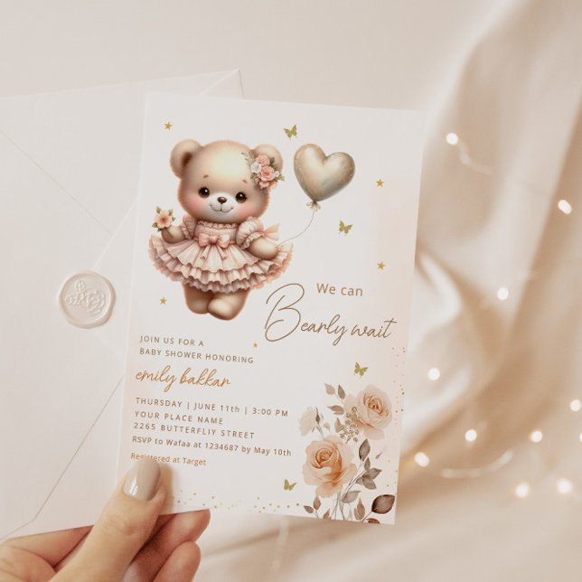 Modern Boho Teddy Bear Balloon Girl Baby Shower  Invitation (Creator Uploaded)