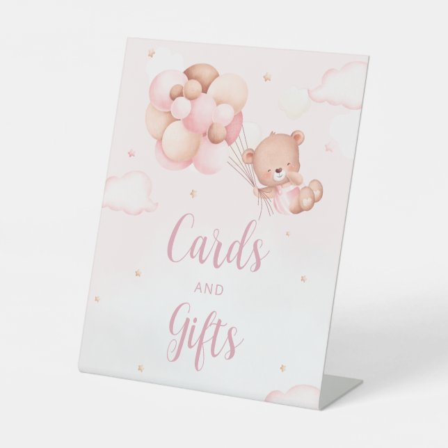 Modern Boho Teddy Bear Cards and Gifts Baby Shower Pedestal Sign (Front)