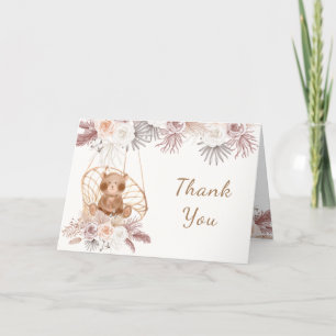 Modern Boho Teddy Bear Pampas Floral Baby Shower  Thank You Card