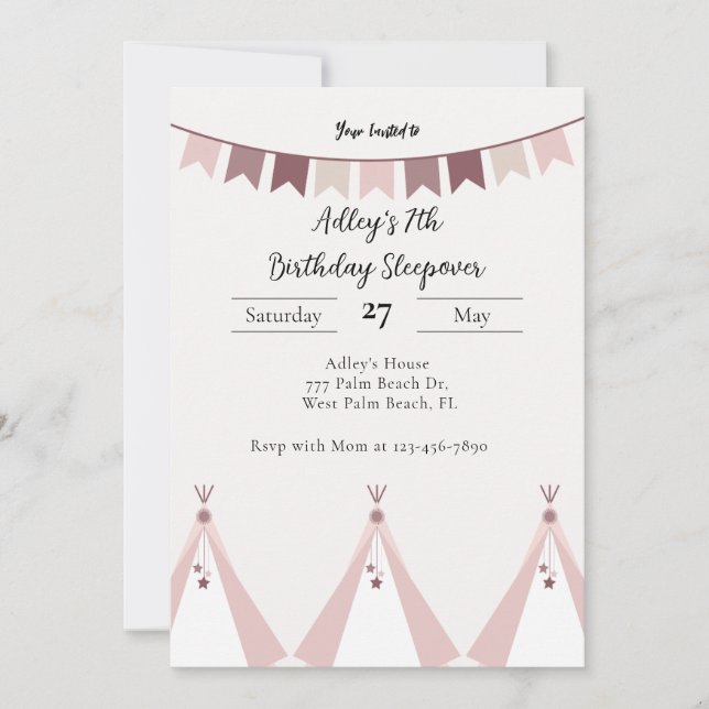 Modern Boho Teepee Sleepover Birthday Invitation (Front)