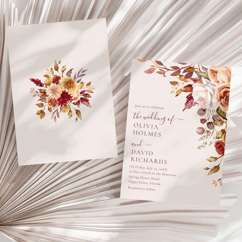 Modern Boho Terracotta Burnt Orange Floral Wedding Invitation