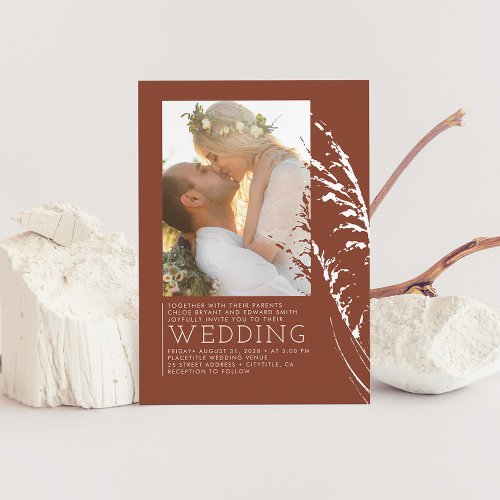 Modern Boho Terracotta Burnt Orange Wedding Photo Invitation