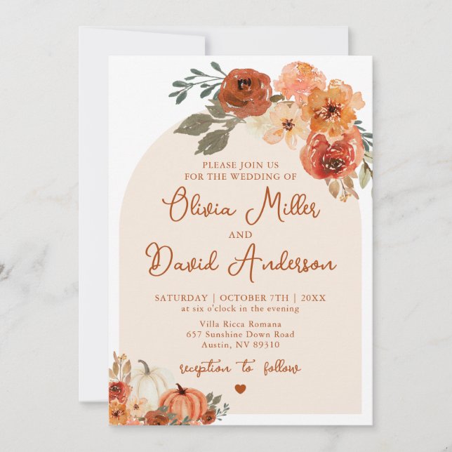 Modern Boho Terracotta Fall Pumpkin Autumn Wedding Invitation (Front)
