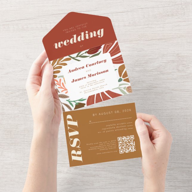 Modern Boho Terracotta Floral Retro Wedding All In One Invitation (Tearaway)