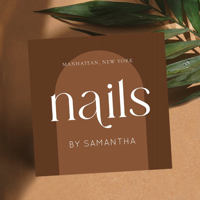 Modern Boho Terracotta Nail Artist Salon Manicure Square Business Card (Modern boho nails business cards in earthy terracotta aesthetic featuring trendy fonts)