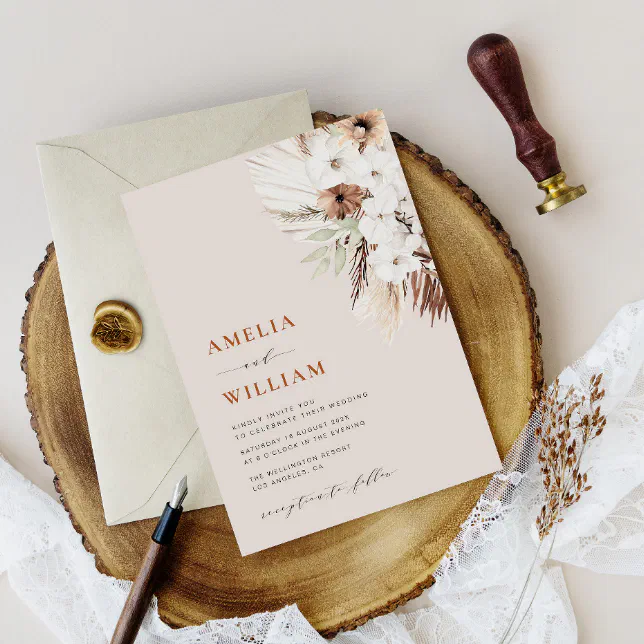 Modern Boho Terracotta Pampas Grass Wedding Invitation Zazzle