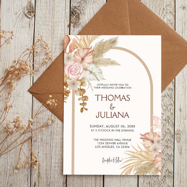 Modern Boho Terracotta Pampas Grass Wedding Invitation (Creator Uploaded)