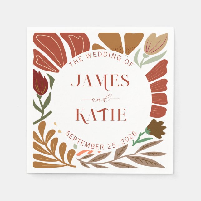 Modern Boho Terracotta Retro Floral Wedding Napkins (Front)