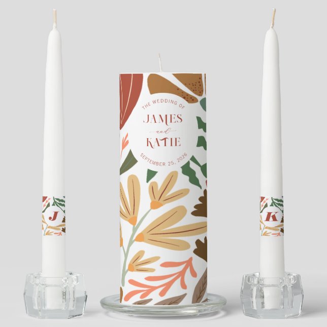 Modern Boho Terracotta Retro Floral Wedding Unity Candle Set (Front)