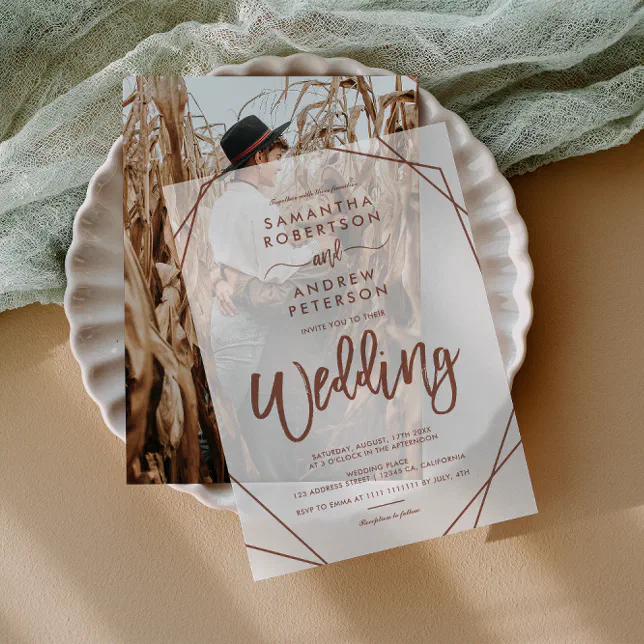 Modern Boho terracotta Wedding Terrarium Vellum Invitations

