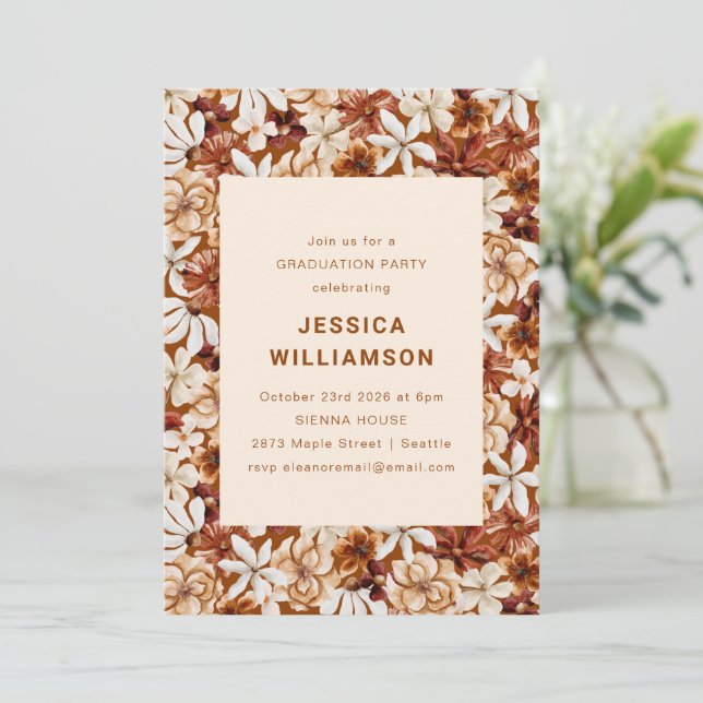 Modern Boho Terracotta Wildflowers Graduation  Invitation (Standing Front)