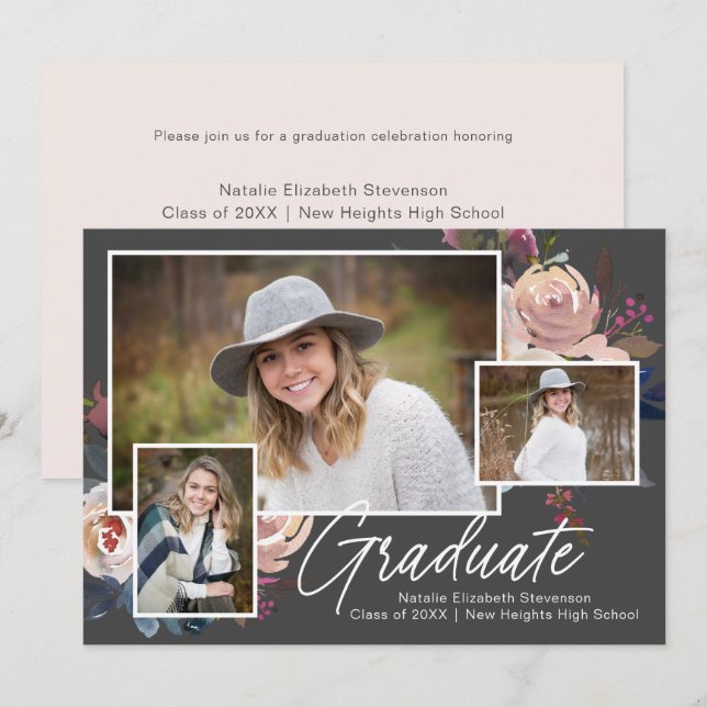 Modern Boho Three Photo Floral Graduation Party Invitation (Front/Back)