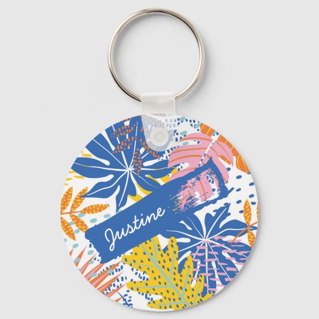 Modern Boho Tropical Jungle Palm Leaves Keychain (Front)