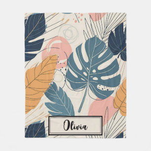 Modern Boho Tropical Leaves Abstract Fleece Blanket