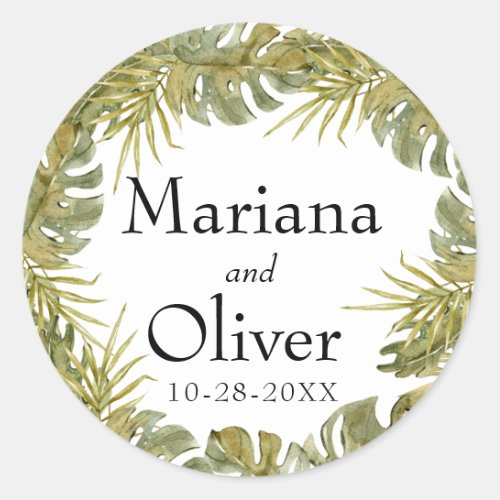 Modern Boho Tropical Leaves Dried Palm Wedding Cla Classic Round Sticker