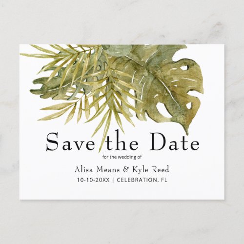 Modern Boho Tropical Leaves Save the Dare Announcement Postcard