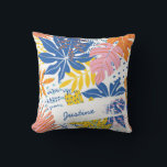 Modern Boho Tropical Palm Leaves Custom Throw Pillow<br><div class="desc">Vibrant blue,  pink,  yellow orange tropical palm leaf print. Colorful dots and lines give it a boho vibe. One line of text on a painterly stripe lets you add a name or favorite word.</div>