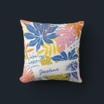Modern Boho Tropical Palm Leaves Custom Throw Pillow<br><div class="desc">Vibrant blue,  pink,  yellow orange tropical palm leaf print. Colorful dots and lines give it a boho vibe. One line of text on a painterly stripe lets you add a name or favorite word.</div>