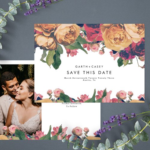 Modern Boho Vintage Roses Photo Save The Date Announcement