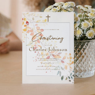 Modern Boho Watercolor Autumn Leaves Boy Baptism Invitation