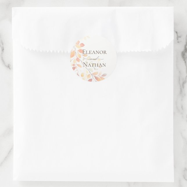 Modern Boho Watercolor Autumn Leaves Wedding Classic Round Sticker (Bag)
