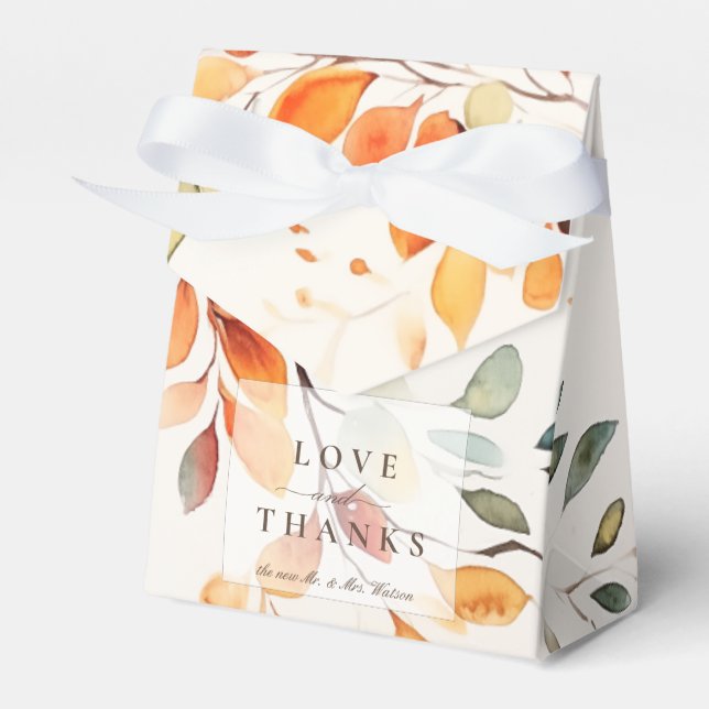 Modern Boho Watercolor Autumn Leaves Wedding Favor Boxes (Front Side)