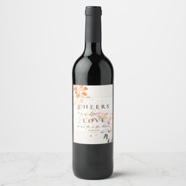 Modern Boho Watercolor Autumn Leaves Wedding Wine Label (Front)