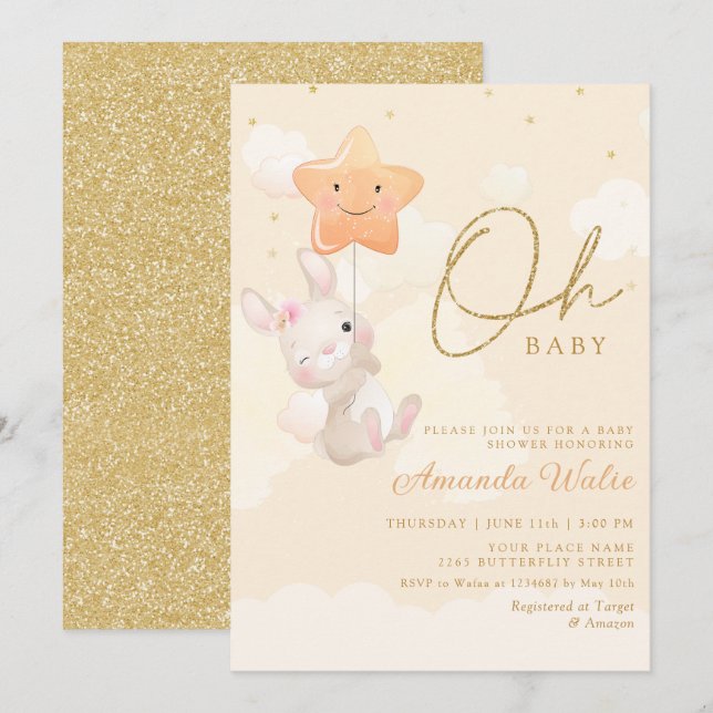 Modern Boho Watercolor Bunny Cute Girl Baby Shower Invitation (Front/Back)
