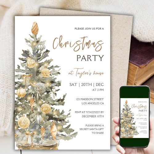 Modern Boho Watercolor Christmas Party Invitation