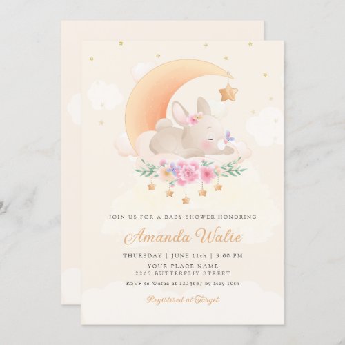 Modern Boho Watercolor Cute Bunny Girl Baby Shower Invitation